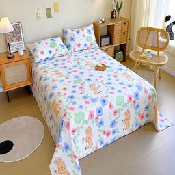 JC HOME White & Blue Floral 140 TC Queen Bedsheet with 2 Pillow Covers-image-102
