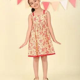 Fabindia Girls Floral Print Shoulder Straps A-Line Dress-image-54