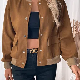 LULU & SKY Women Stand Collar Solid Casual Tailored Jacket-image-75
