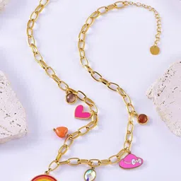 VIEN Stainless Steel Gold-Plated Unique Charm Beaded Minimal Necklace-14