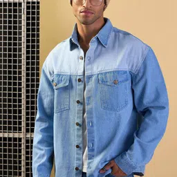 MASCLN SASSAFRAS Men Spread Collar Colourblocked Denim Oversized Casual Shirt-image-63