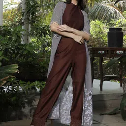 QISSA Printed Round Neck Top & Trousers With Shrug Co-Ords-23