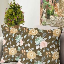 Blue Grass Brown and Pink 2 Pieces Floral Printed Velvet Square Cushion Covers-image-34