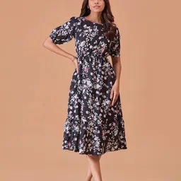 all about you Floral Printed Puff Sleeve Cotton Fit & Flare Midi Dress-image-29