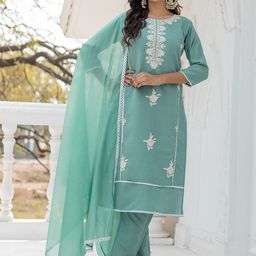 KALINI Floral Yoke Design Chanderi Cotton Straight Kurta With Trousers & Dupatta-picture-56