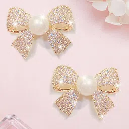 KRENOZ Gold-Plated Pearls & Artificial Stones Studded Bow Shaped Studs-10