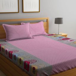 Myntra Elegant Homes Pink & Grey Ethnic Motifs 400 TC King Bedsheet with 2 Pillow Covers-image-47