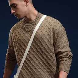 HIGHLANDER Men Self Design Cable Knit Round Neck Drop Shoulder Oversized Pullover-image-4