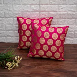 RoyalDeco Magenta & Gold-Toned Set of 2 Ethnic Motifs Square Cushion Covers-24