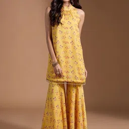 KALINI Floral Printed Halter Neck Beads and Stones Kurta With Sharara-image-28