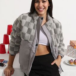 Campus Sutra Fleece Self-Design Checked Padded Jacket-24
