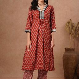 FASHOR Women Ethnic Motifs Printed Panelled Mirror Work Pure Cotton Kurta with Palazzos-picture-2