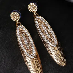 ANIKAS CREATION Gold-Plated Cubic Zirconia Studded Contemporary Drop Earrings-46