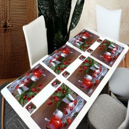 REVEXO 12Pc Brown & Red Printed Non Slip Table Placemats With Coasters-12