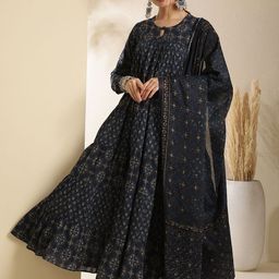 GULMOHAR JAIPUR Ethnic Motifs Printed Tiered Pure Cotton Kurta with Palazzo & Dupatta-2