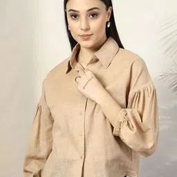 plusS Women Solid Shirt Collar Cotton Top-picture-48