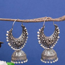 Tanusha Jewels Silver-Plated Pearls Beaded Oxidised Dome Jhumkas-26