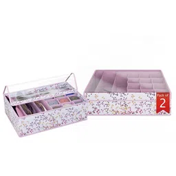 Kuber Industries Pink & White 2Pcs Striped Reusable Drawer Organisers With Transparent Lid-48