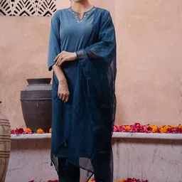 Sangria Blue Floral Embroidered Notch Neck Straight Kurta With Trousers & Dupatta-image-39