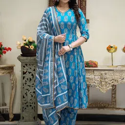 ELVISH JAIPUR Ethnic Motifs Printed Pure Cotton Anarkali Kurta with Palazzos & Dupatta-picture-31