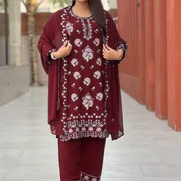 BINDUDI Women Floral Embroidered Regular Thread Work Kurta with Trousers & With Dupatta-17