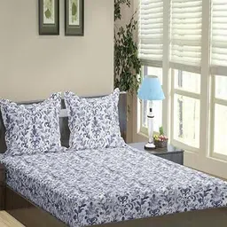 Trance Home Linen Blue & White Floral 180 TC Cotton Single Bedsheet with 1 Pillow Covers-22
