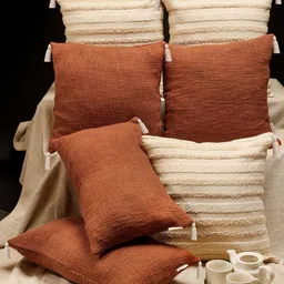 ANWYN Modern Indie Brown & Cream-Colored 5 Pieces Self Design Cotton Square Cushion Covers-49
