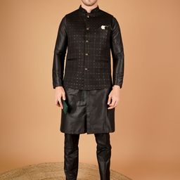 Dulha Ghar Mandarin Collar Straight Cotton Silk Kurta With Trousers & Nehru Jacket-image-80