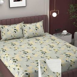 Myntra Elegant Homes Green & Yellow Floral 300TC Fitted King Bedsheet Set- 1.82mx1.98mx8cm-image-77