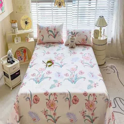 JC HOME Pink & Green Floral Printed Cotton 220 TC King Bedsheet Set 2.50m x 2.30m-image-75