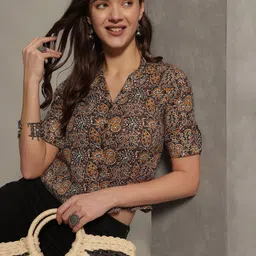 KALINI Women Floral Printed Roll-Up Sleeves Cotton Shirt Style Crop Top-picture-48