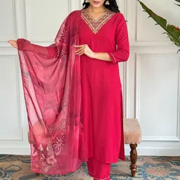 NIZA FASHION Floral Yoke Design Thread Work Straight Kurta With Trousers & Dupatta-picture-21