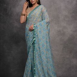 Manu Designer Floral Printed Mirror Work Pure Georgette Saree-image-16