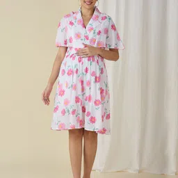 MeeMee Floral Print Shirt Coller Flared Sleeve Maternity Fit & Flare Dress-image-47