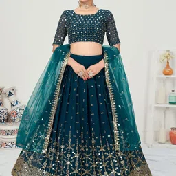 SHOPGARB Embroidered Thread Work Semi-Stitched Lehenga & Unstitched Blouse With Dupatta-17