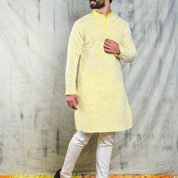 Be Desi Men Ethnic Motifs Embroidered Regular Mirror Work Kurta with Pyjamas-picture-10