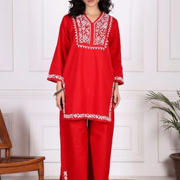 Chowkhat Floral Yoke Design Chikankari Pure Cotton Kurta with Palazzos-image-52