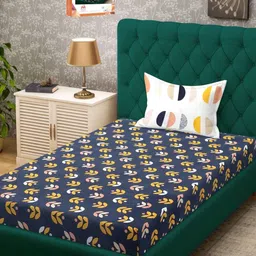 Myntra Elegant Homes Blue & Yellow Leaf Printed 300 TC Single Bedsheet with 1 Pillow Cover-image-45