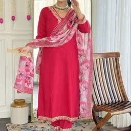 PEENGAX Floral Yoke Design V-Neck Sequinned Straight Kurta With Trousers & Dupatta-picture-43