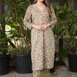 Rangreza Ethnic Women Ethnic Motifs Printed Regular Beads and Stones Pure Cotton Kurta with Trousers &-54