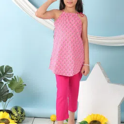 Sangria Girls Floral Printed Pure Cotton Straight Kurti & Trousers Sets-15
