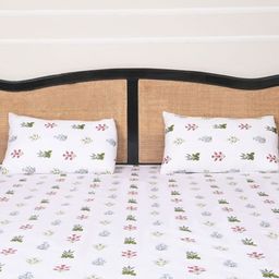 Sleepsia White & Red Floral Printed 180 TC Pure Cotton King Bedsheet Set-12