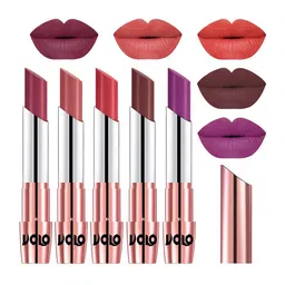 VOLO Set Of 5 Creme Matte Lipstick - 3.5 g Each -Dark Peach-Maroon-Red-Passion Pink-Purple-12