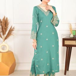 Royal Export Women Floral Embroidered Regular Thread Work Kurta with Trousers & With Dupatta-5