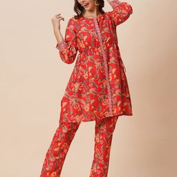 Globus Floral Printed Round Neck Tunic With Trousers-image-28