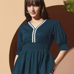 OTABU V-Neck Puff Sleeves Smocked Peplum Top-picture-4