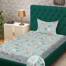 KLOTTHE Green & Peach-Coloured Floral 300 TC Single Bedsheet with 1 Pillow Covers-10