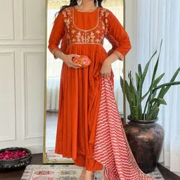 KALINI Ethnic Motifs Yoke Design Round Neck Anarkali Kurta With Trousers & Dupatta-picture-11