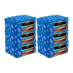 Kuber Industries Blue & White 6 Pieces Printed Foldable Cotton Saree Organizers-18