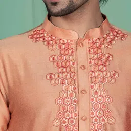 KISAH Men Peach-Coloured Thread Work Kurta image 2